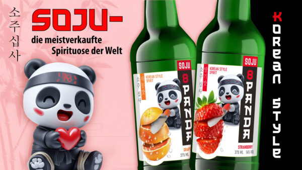 8Panda Flavoured Soju zwei Flaschen 8Panda Flavoured Soju vor pinkem Grund. Links ein computeranimierter Panda