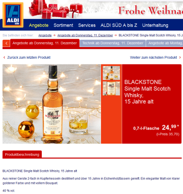 Aldi Süd bietet 15-jährigen Blackstone Single Malt Scotch Whisky an