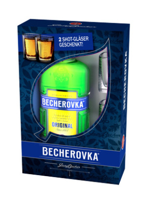 Becherovka in Geschenkverpackung mit zwei gratis Shot-Gläsern