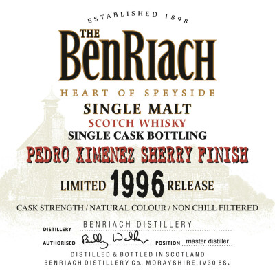 BenRiach 1996 Cask #3610 Label