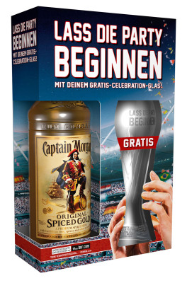 Diageo Frühlingspromotion Geschenkpackung mit Captain Morgan und Pokalglas