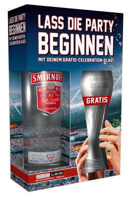Diageo Frühlingspromotion Geschenkpackung mit Smirnoff Vodka und Pokalglas