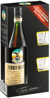 Fernet-Branca im Geschenkset mit Gläsern gezeigt