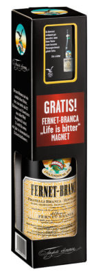 Fernet-Branca mit 'Life is bitter'-Küchenmagneten im In-Pack