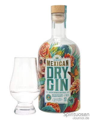 Los Muertos Mexican Dry Gin eine Flasche Los Muertos Mexican Dry Gin nebst Glas