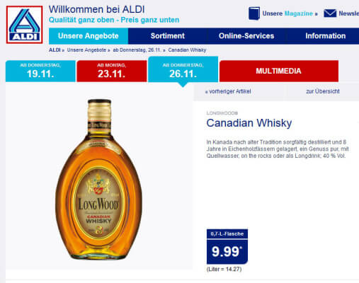 Long Wood Canadian Whisky bei Aldi Nord