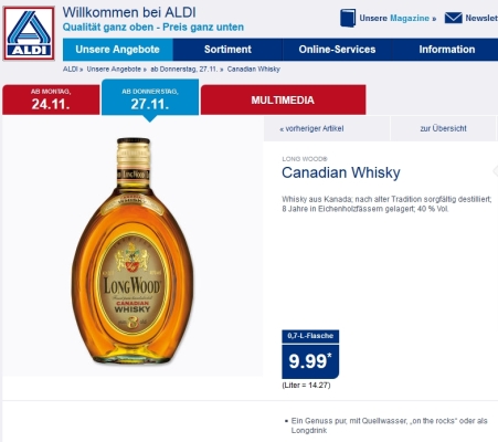 Long Wood Canadian Whisky bei Aldi Nord