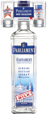 Parliament Vodka mit 'Shotglas Collection' als On-Pack Parliament Vodka mit 'Shotglas Collection' als On-Pack