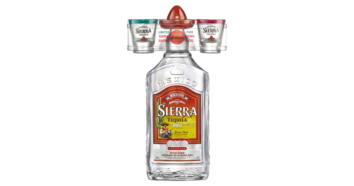 Verschiedene Designs: Sierra Tequila im On-Pack mit zwei Shot-Gläsern