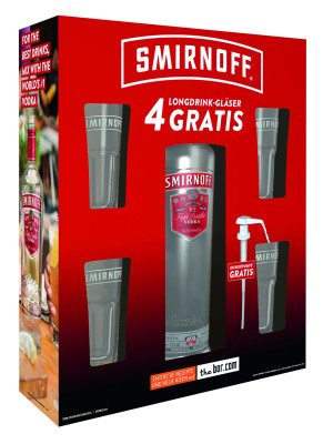 Smirnoff Red Label No. 21 Großflasche mit vier Gläsern im Partypack Smirnoff Red Label No. 21 Großflasche mit vier Gläsern im Partypack