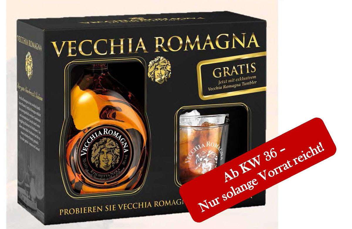 Neue In-Pack-Promotion für Vecchia Romagna mit Tumbler-Glas –