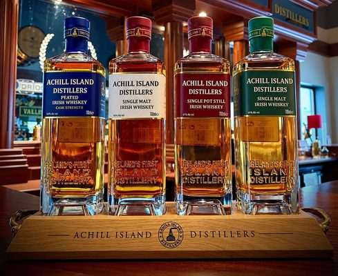 Achill Island Irish Whiskey vier Flaschen Achill Island Irish Whiskey in einem Holzrahmen in einem Pub