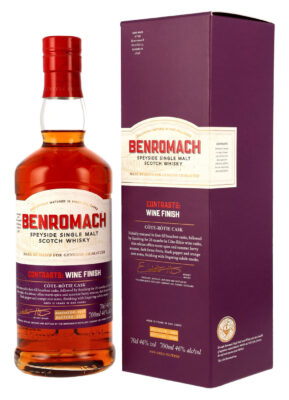 eine Flasche Benromach Contrasts: Côte-Rôtie Wine Cask Finish nebst Geschenkverpackung
