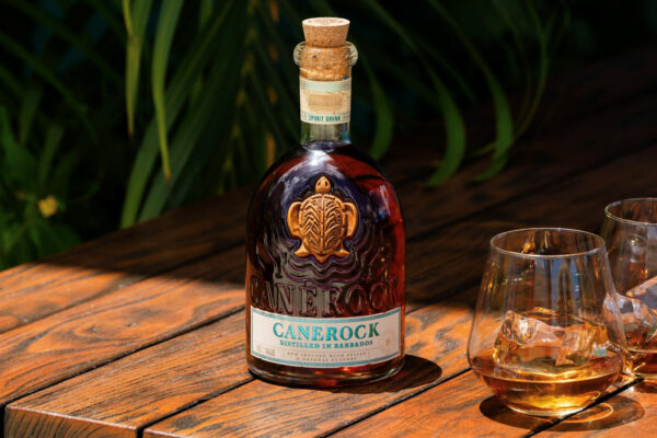 Canerock Barbados eine Flasche Canerock Barbados nebst Gläsern auf einem Holztisch. Im Hintergrund Palmenwedel