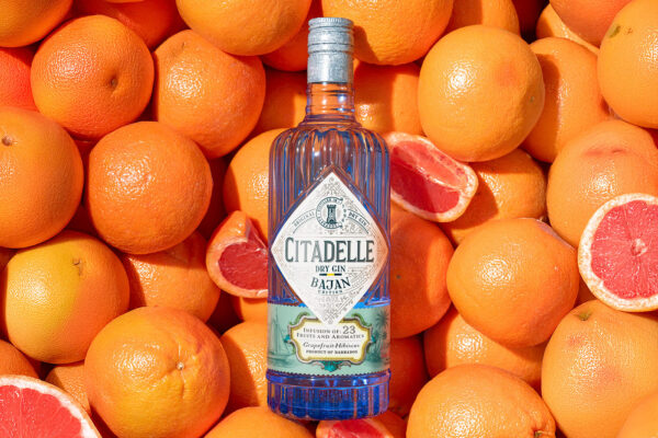 eine Flasche Citadelle Gin Bajan, liegend auf Grapefruits
