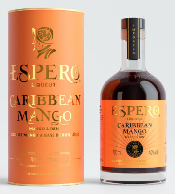 eine Flasche Espero Caribbean Mango nebst Geschenkhülle