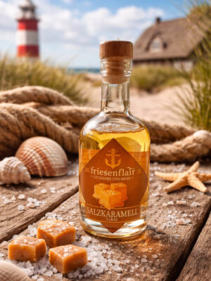 Friesenflair Salzkaramelllikör zu sehen ist eine Flasche Friesenflair Salzkaramelllikör auf einem Tisch mit Karamell und Salz, im Hintergrund Dünen, ein Haus und ein Leuchtturm
