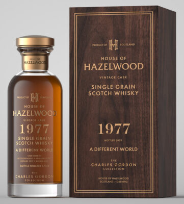 eine Flasche House of Hazelwood „A Different World“ 1977er Single Grain nebst Holzbox