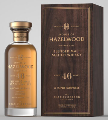 eine Flasche House of Hazelwood „A Fond Farewell“ Blended Malt 46 Jahre nebst Holzbox