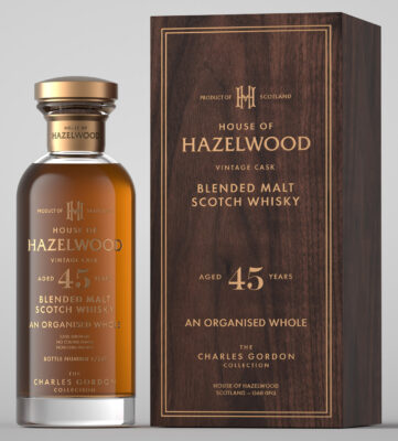 eine Flasche House of Hazelwood „An Organised Whole“ Blended Malt 45 Jahre nebst Holzbox