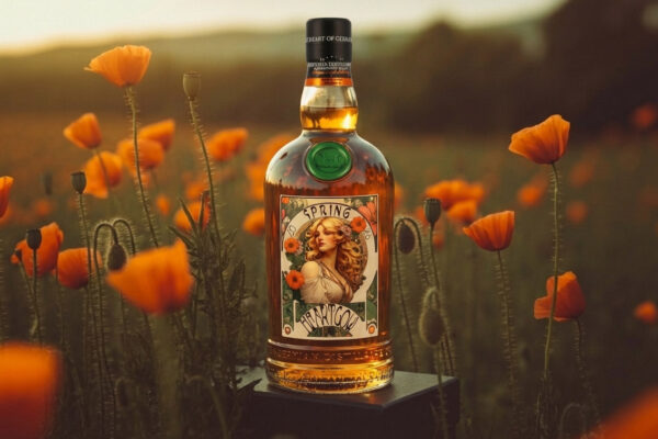 Heartgow Spring 2026 eine Flasche Heartgow Spring 2026 steht auf einem schwarzen Podest inmitten einer Blumenwiese