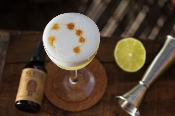 Inca Bitters der Drink "Pisco Sour", daneben eine Flasche Inca Bitters, eine Limette und ein Jigger