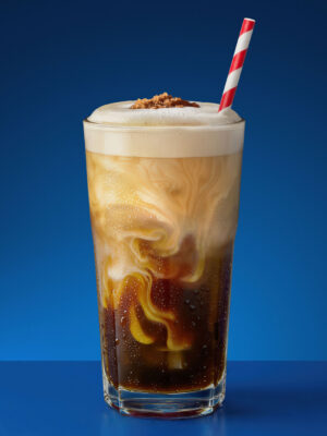 Iced Latte der Drink "Iced Latte" vor blauem Grund