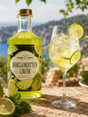 der Drink "Berga Spritz" neben einer Flasche Kammer-Kirsch Bergamotten Likör an einer Klippe