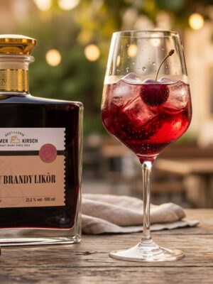 der Drink "Cherry Lime Spritz" neben einer Flasche Kammer-Kirsch Cherry Brandy auf einem Tisch in einem Innenhof