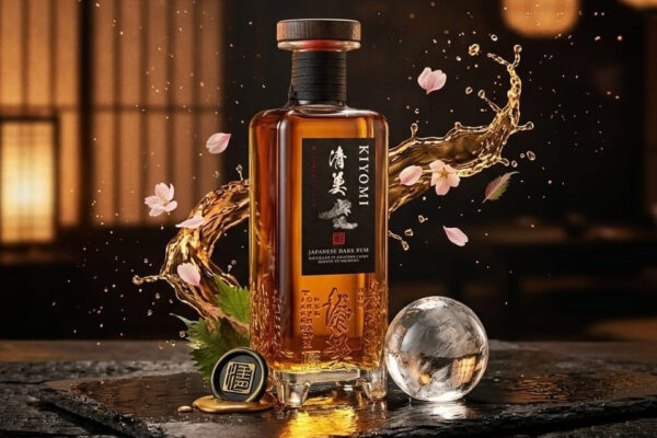 Kiyomi Japanese Dark Rum eine Flasche Kiyomi Japanese Dark Rum steht auf einer Schieferplatte