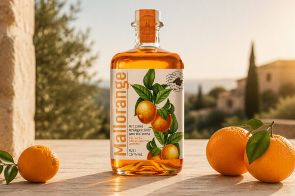 Mallorange eine Flasche Mallorange, umgeben von Orangen, auf einer Terrasse im Süden