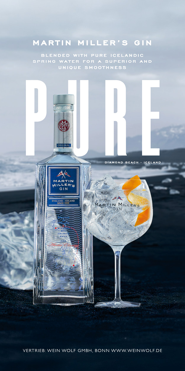 das Foto, eine Werbeanzeige, zeigt eine Flasche Martin Miller's Gin nebst Glas auf einem Strand vor Island. Im Hintergrund befindet sich Text