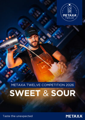 die Montage zur Metaxa Twelve Competition 2026 zeigt einen Mann, der einen Drink zubereitet