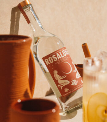 Mezcal Rosaluna eine Flasche Mezcal Rosaluna lehnt an der Wand. Davor Tongefäße und ein Drink
