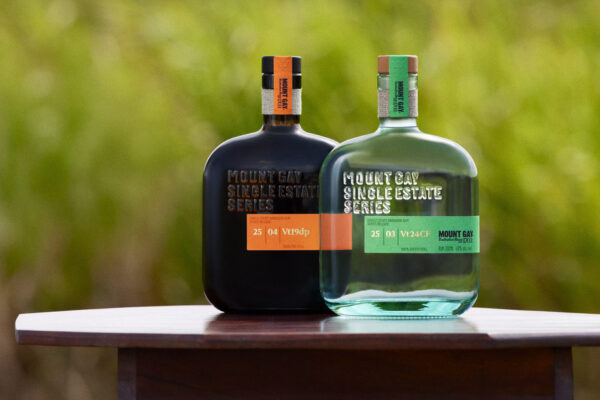eine Flasche Mount Gay Single Estate Series 25_03_Vt24CF und eine Flasche Mount Gay Single Estate Series 25_04_Vt19dp nebeneinander auf einem Holztisch in einem Zuckerrohrfeld