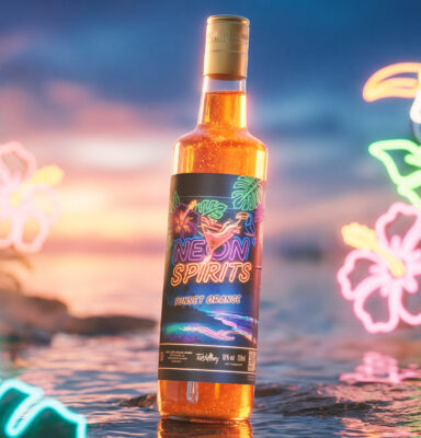 Neon Spirits Sunset Orange eine Flasche Neon Spirits Sunset Orange auf Wasser, im Hintergrund neonfarbene Blumen