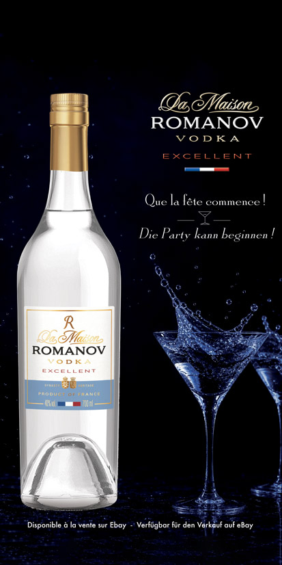 das Foto, eine Werbeanzeige, zeigt eine Flasche Romanov Vodka nebst Gläsern vor blauem bis schwarzem Grund