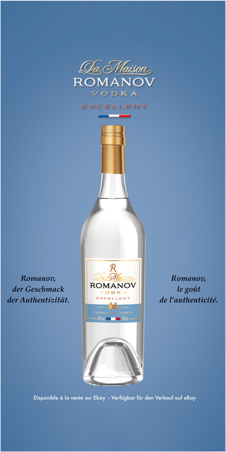 das Foto, eine Werbeanzeige, zeigt eine Flasche Romanov Vodka vor blaumen Grund