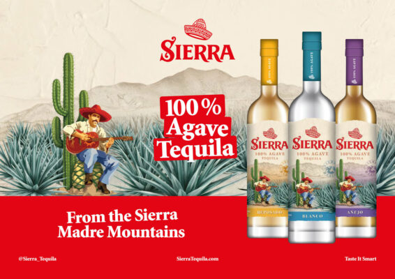 das Foto zeigt drei Flaschen Sierra 100% Agave Tequila vor einer illustrierten Darstellung eines Agavenfelds vor Gebirge. Vorne ein Gitarrist mit Sombrero