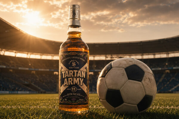 Signatory Vintage Tartan Army Ben Nevis 11 Jahre eine Flasche Signatory Vintage Tartan Army Ben Nevis 11 Jahre neben einem Fußball in einem Stadion