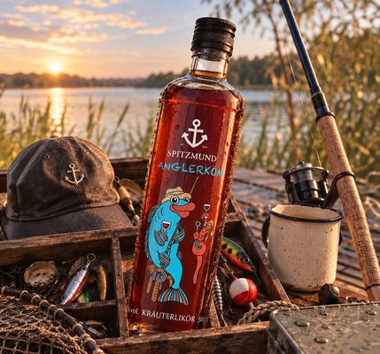 Spitzmund Anglerköm eine Flasche Spitzmund Anglerköm in einem Anglerkoffer an einem Steg am See
