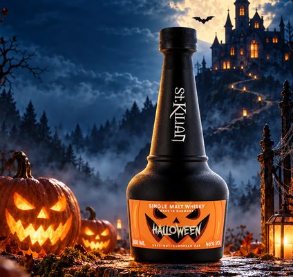 St. Kilian Halloween Edition 2026 eine Flasche St. Kilian Halloween Edition 2026 steht auf einem Felsen, links davon Kürbisse, im Hintergrund ein Schloss