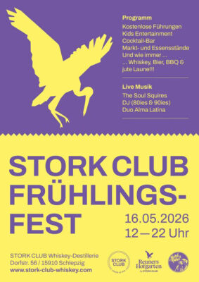 das Bild zeigt den gelb-blauen Flyer für das Stork Club Frühlingsfest 2026