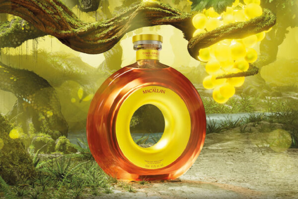 The Macallan Time : Space Sherry Cask eine Flasche The Macallan Time : Space Sherry Cask steht in einem KI-generierten Wald mit leuchtenden Trauben