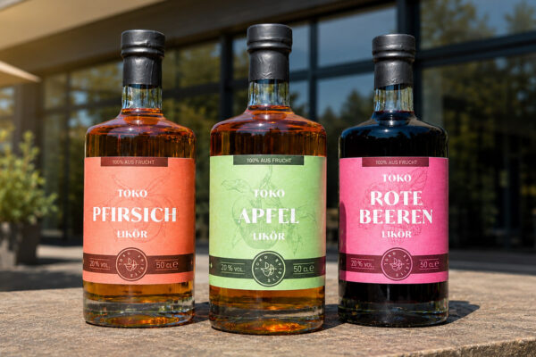 Toko Spirits drei Flaschen Likör stehen auf einer Terasse