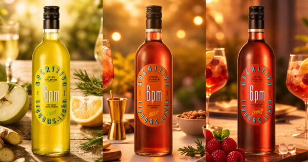 Unterthurner 6pm-Linie die Montage zeigt die Unterthurner 6pm-Linie, jede Flasche in Ambiente mit Früchten, Kräutern und Drinks
