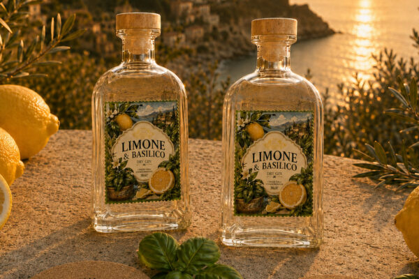 V-Sinne Limone & Basilico Dry Gin zwei Flaschen V-Sinne Limone & Basilico Dry Gin stehen an einer Klippe am Meer