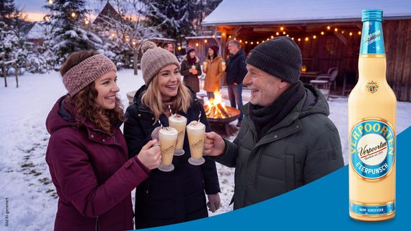 in einer Winterszene stehen Menschen im Freien mit Gläser Verpoorten Eierpunsch