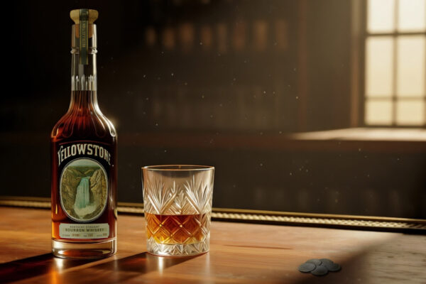 Yellowstone Recollection Series Bourbon eine Flasche Yellowstone Recollection Series Bourbon nebst Glas auf einem Bartresen
